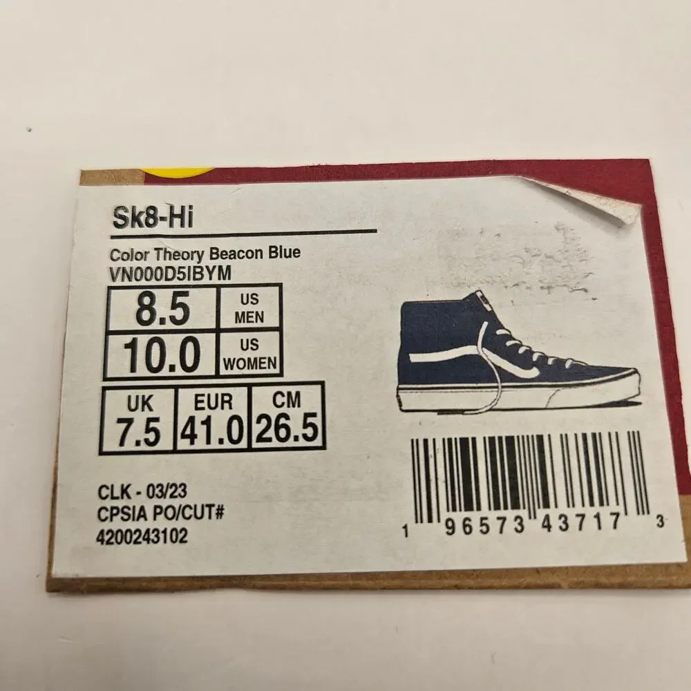 VANS MEN'S 8.5 SK8-Hi COLOR THEORY BEACON BLUE RARE SNEAKER NWOB